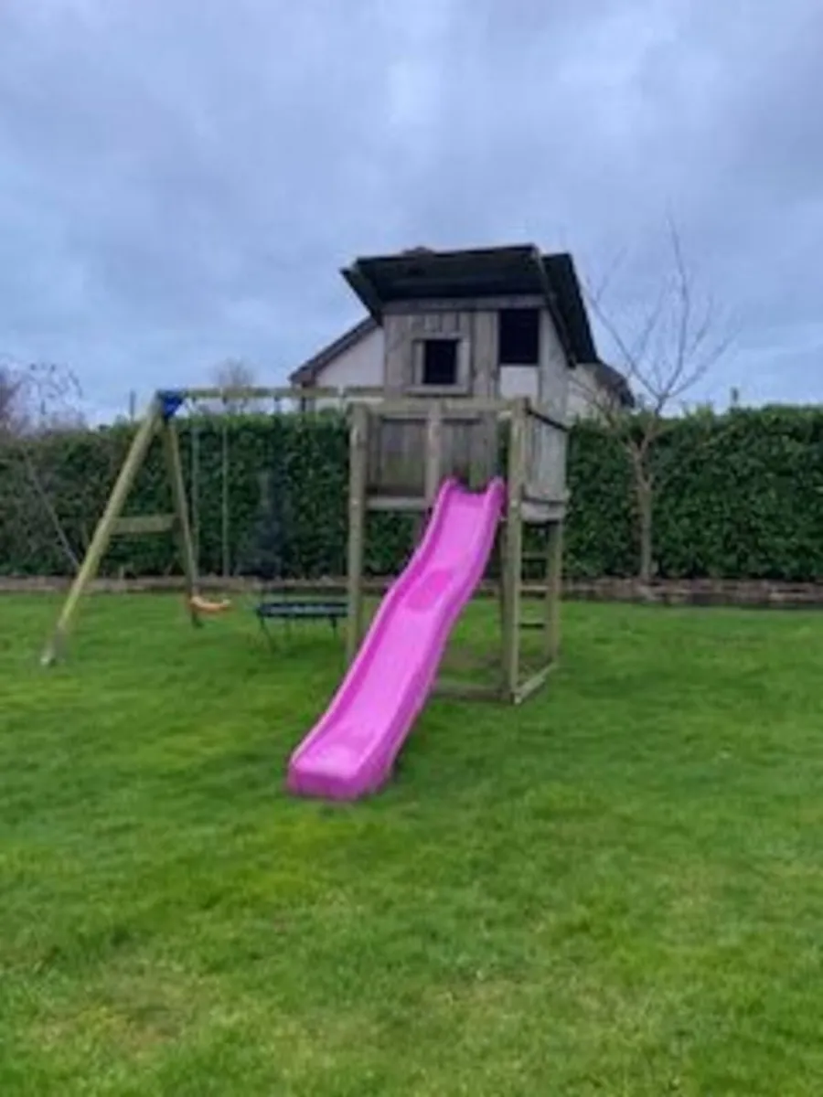 Wooden Garden Playhouse, Slide & Swings set - Image 1