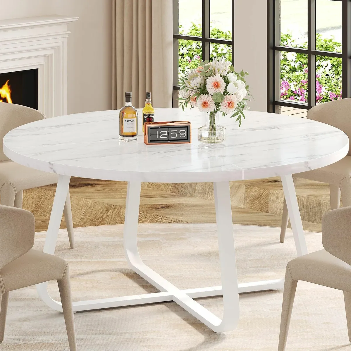White Faux Marble Round Dining 4-6 People 130cm - Image 1