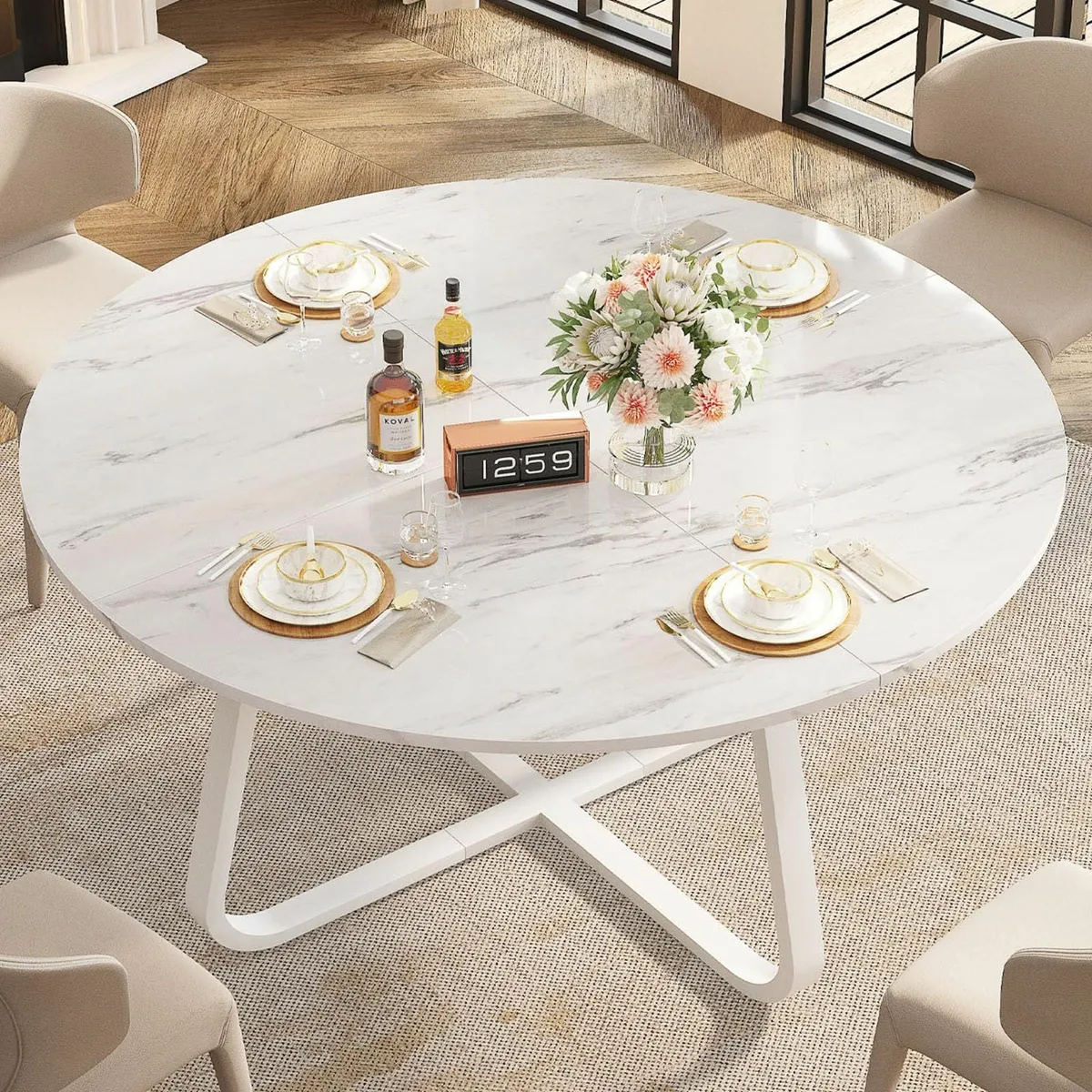 White Faux Marble Round Dining 4-6 People 130cm - Image 3