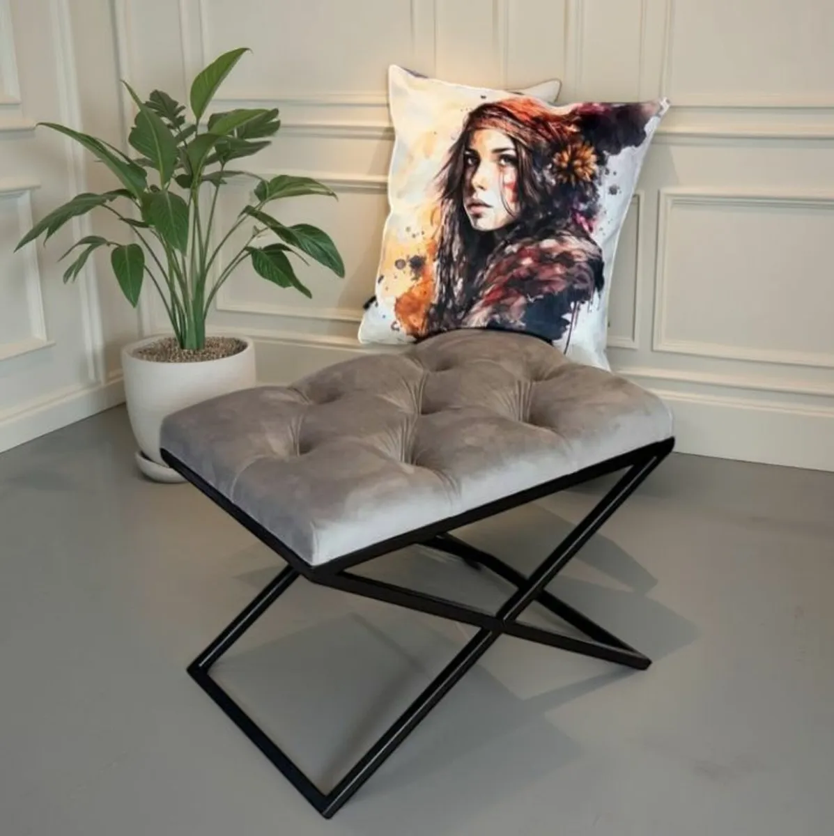Modern Velvet Ottoman with Metal Frame - Image 2