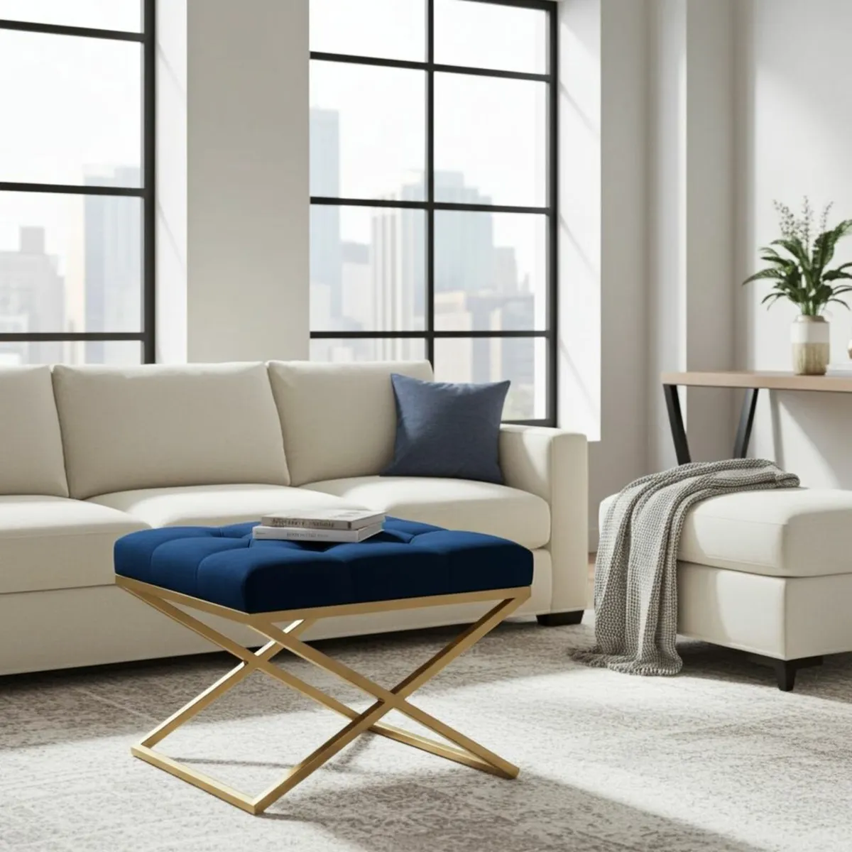 Modern Velvet Ottoman with Metal Frame - Image 4