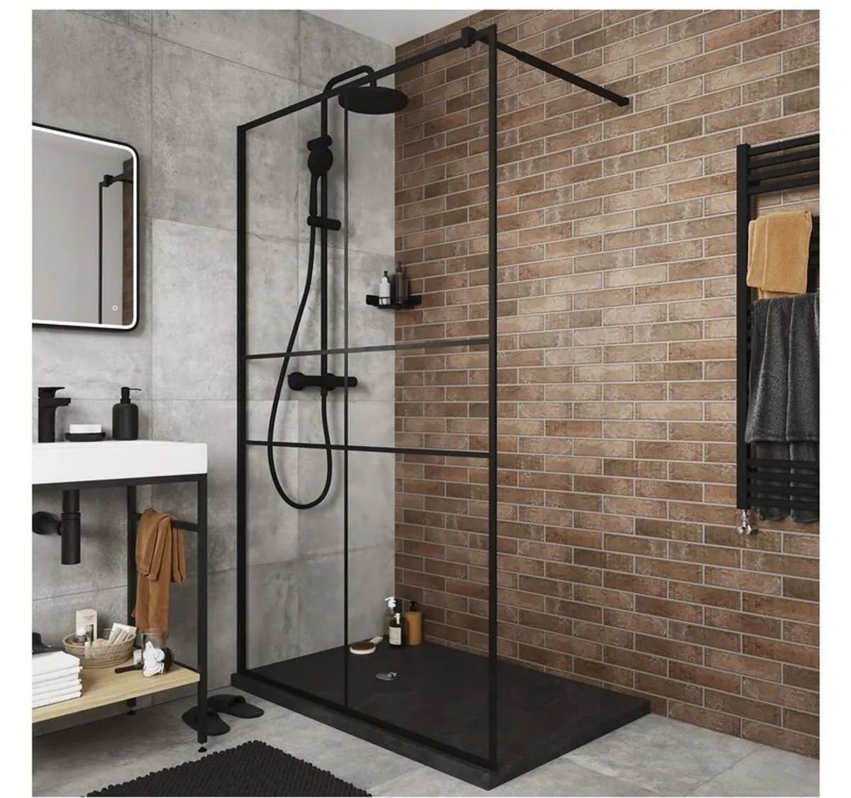 GoodHome Ahti Matt Black Textured Minimal frame Walk-in Wet room glass screen Printed with aluminium grid (H)195cm (W)120cm - Image 1