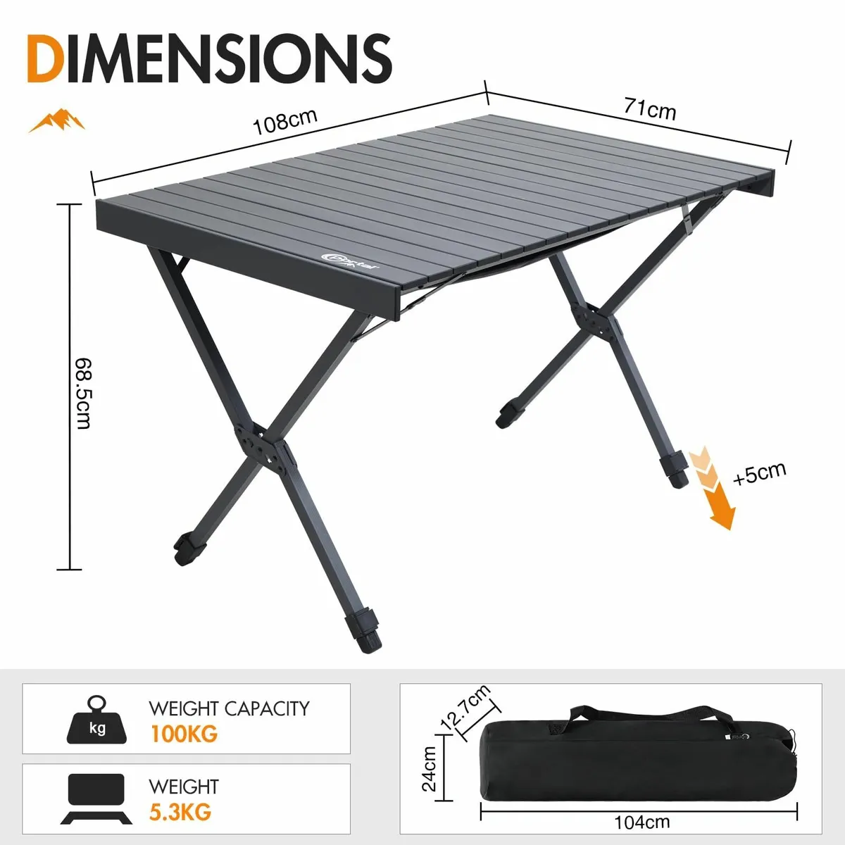 Camping Table Folding 108x71cm Height Adjust - Image 2