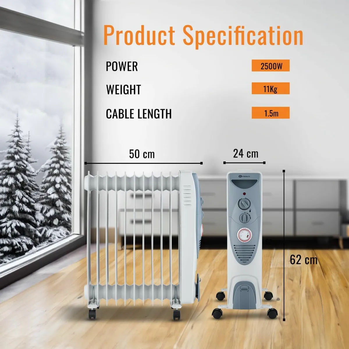 Oil Filled Radiator 2.5KW Portable Electric Heater - Image 2