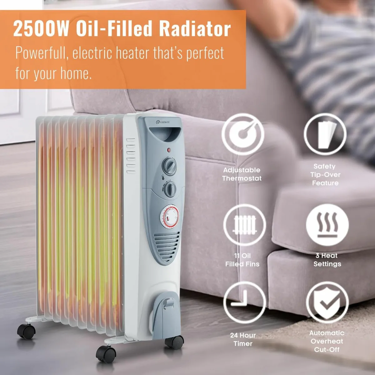 Oil Filled Radiator 2.5KW Portable Electric Heater - Image 3