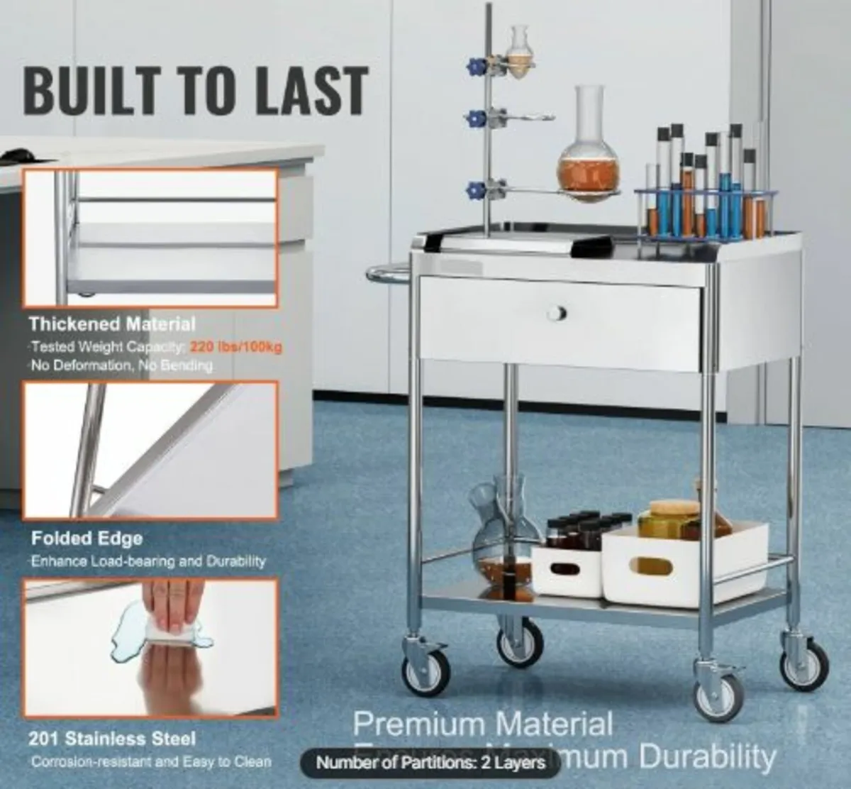 Medical Cart, 2 Layers Stainless Steel Cart 99.8 - Image 2