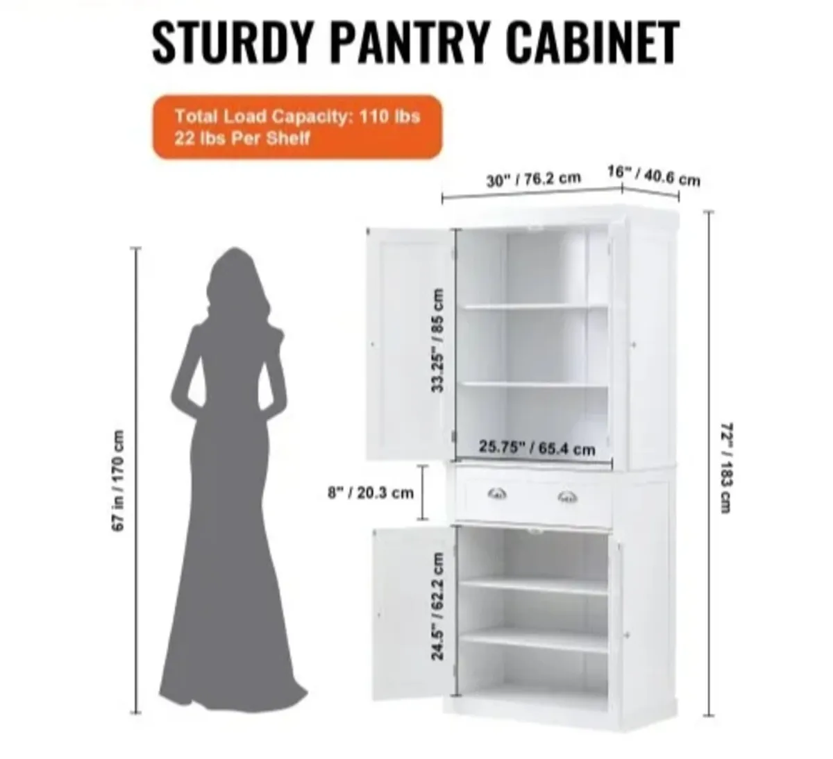 72" Kitchen Pantry Storage Cabinet, Freestanding U - Image 3