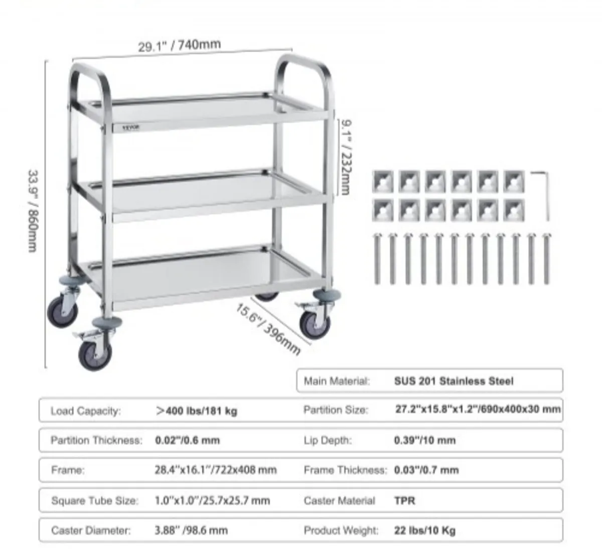 Stainless Steel Cart, 3 Layers Lab Utility Cart 18 - Image 3