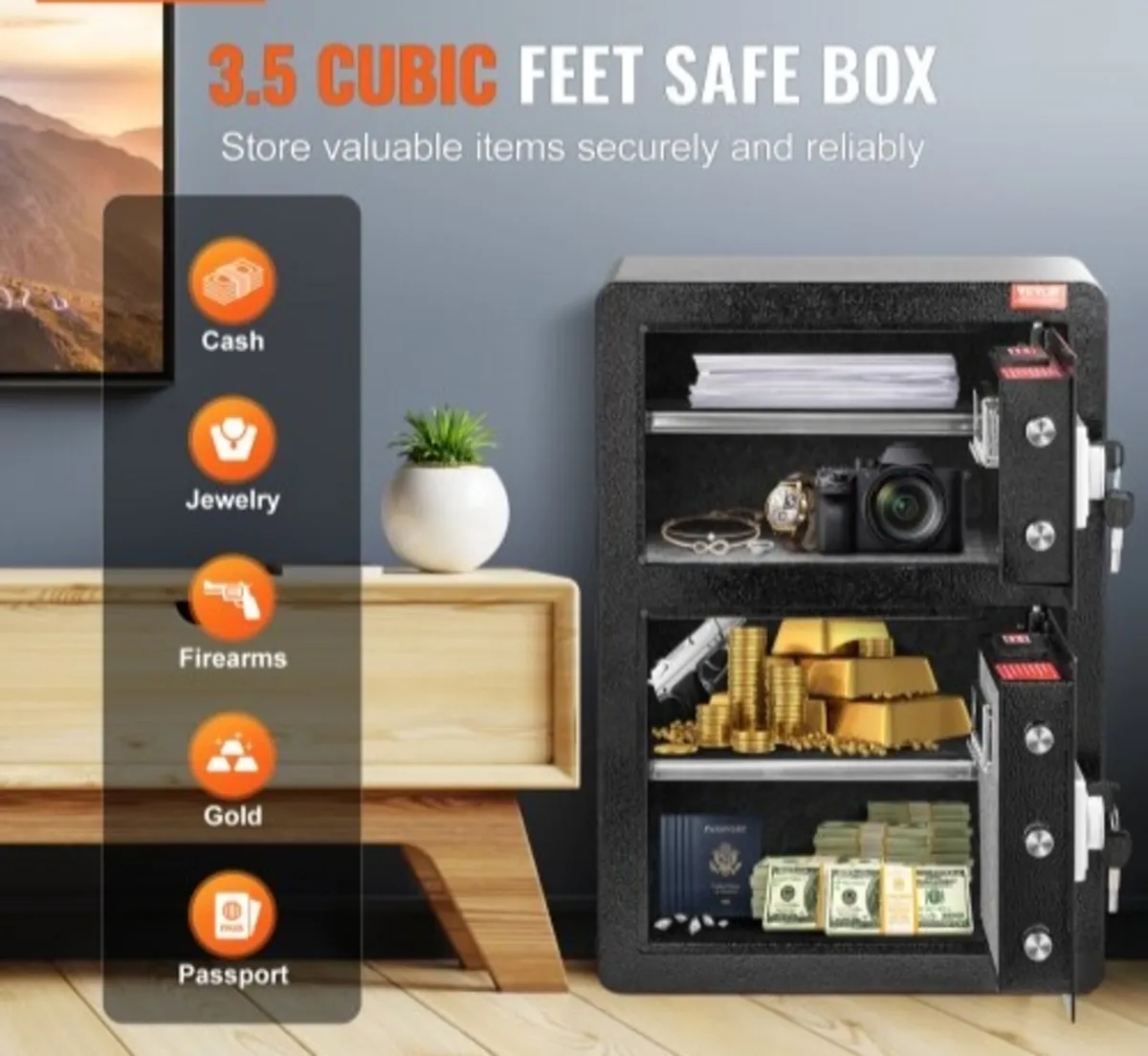 Double Doors 3.5 cu.ft Safe Box with Key Lock & Pa - Image 2