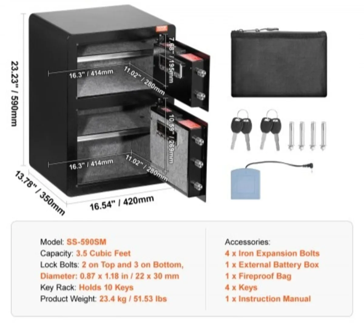 Double Doors 3.5 cu.ft Safe Box with Key Lock & Pa - Image 4