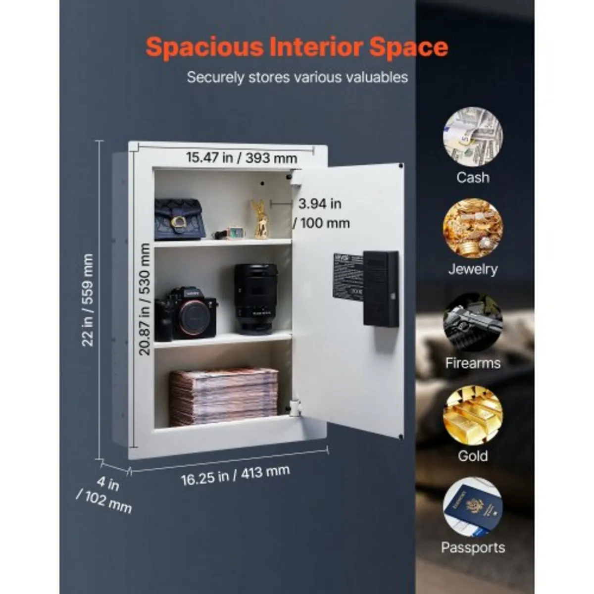 0.83 sq.ft Wall Safe, 3-Tier Hidden Wall Safe with - Image 2