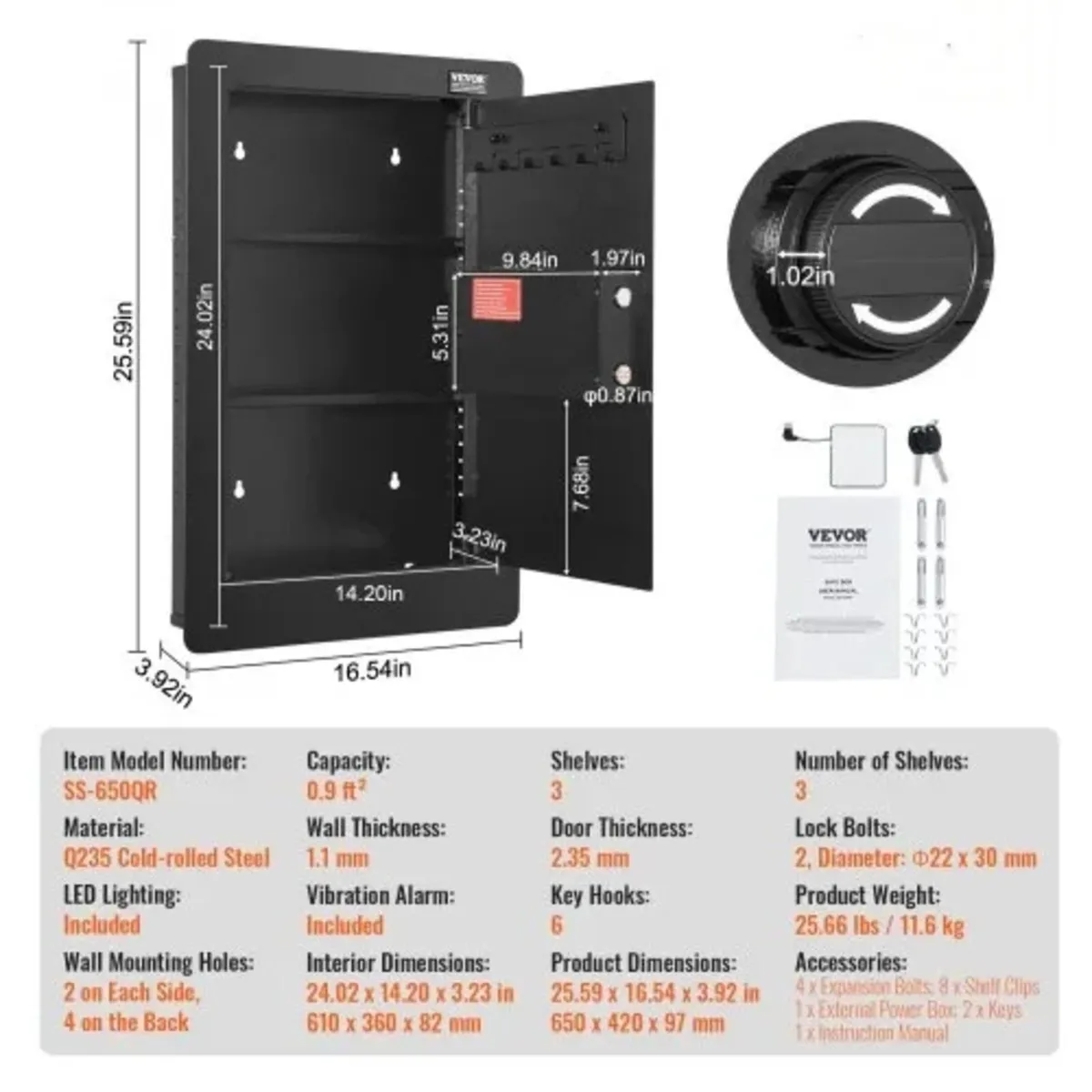 65 cm Tall Wall Safe 3-Tier Hidden Safe with Keypa - Image 3
