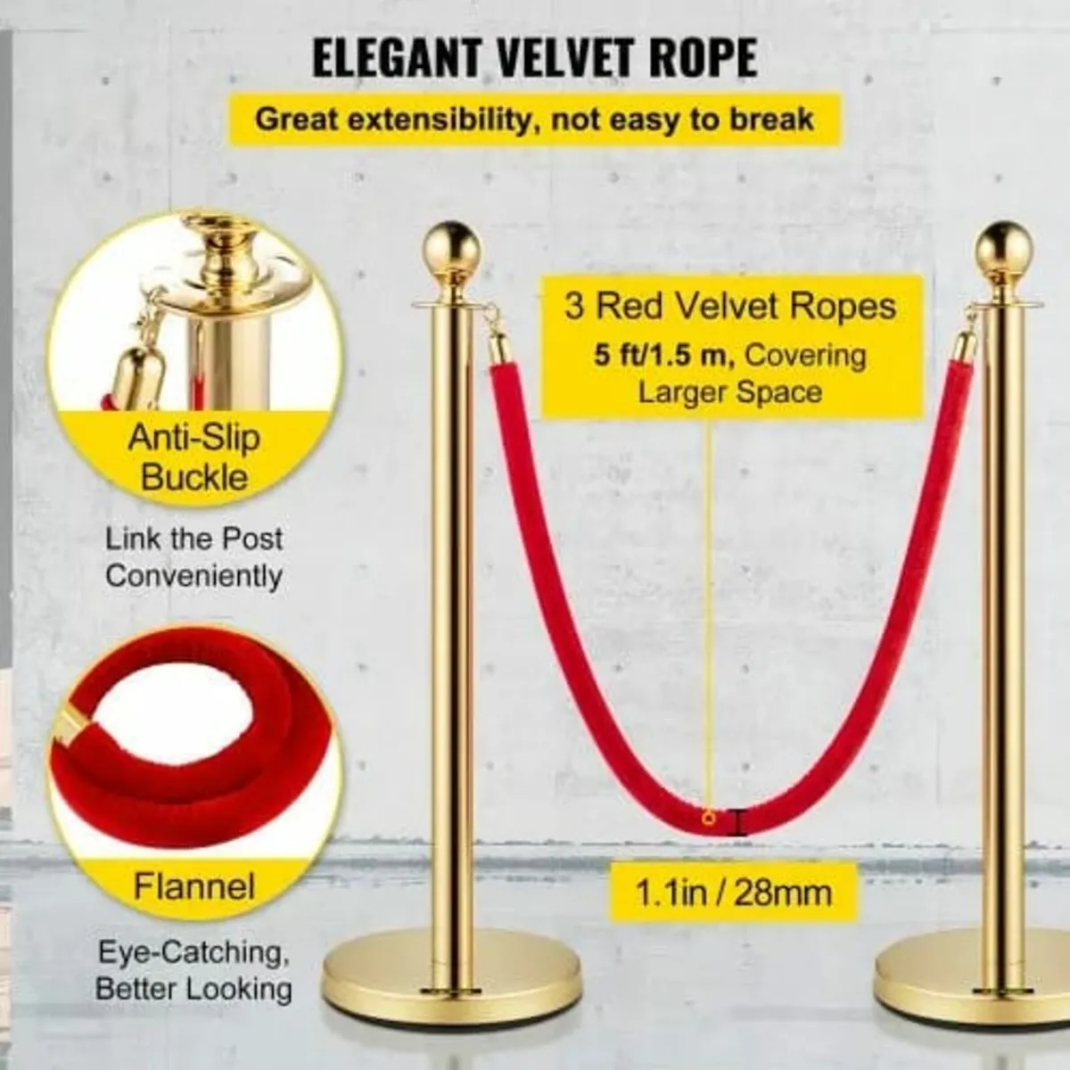 Velvet Ropes and Posts, 5 ft/1.5 m Red Rope, Stain - Image 4