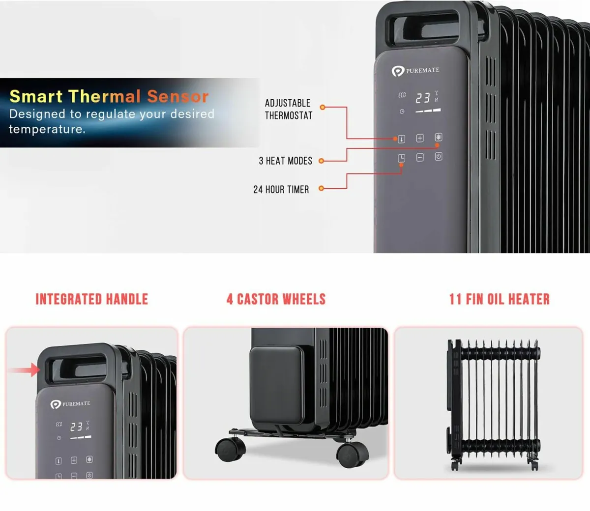 2500W 11 Fin Oil Filled Radiator Heater 24 Hr - Image 2