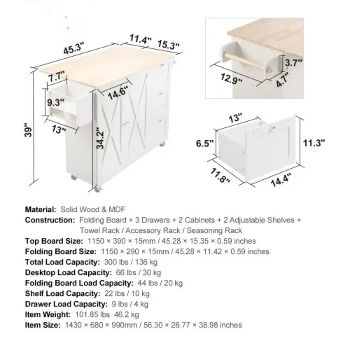 Kitchen Island Cart with Solid Wood Top, 115 cm Wi - Image 3