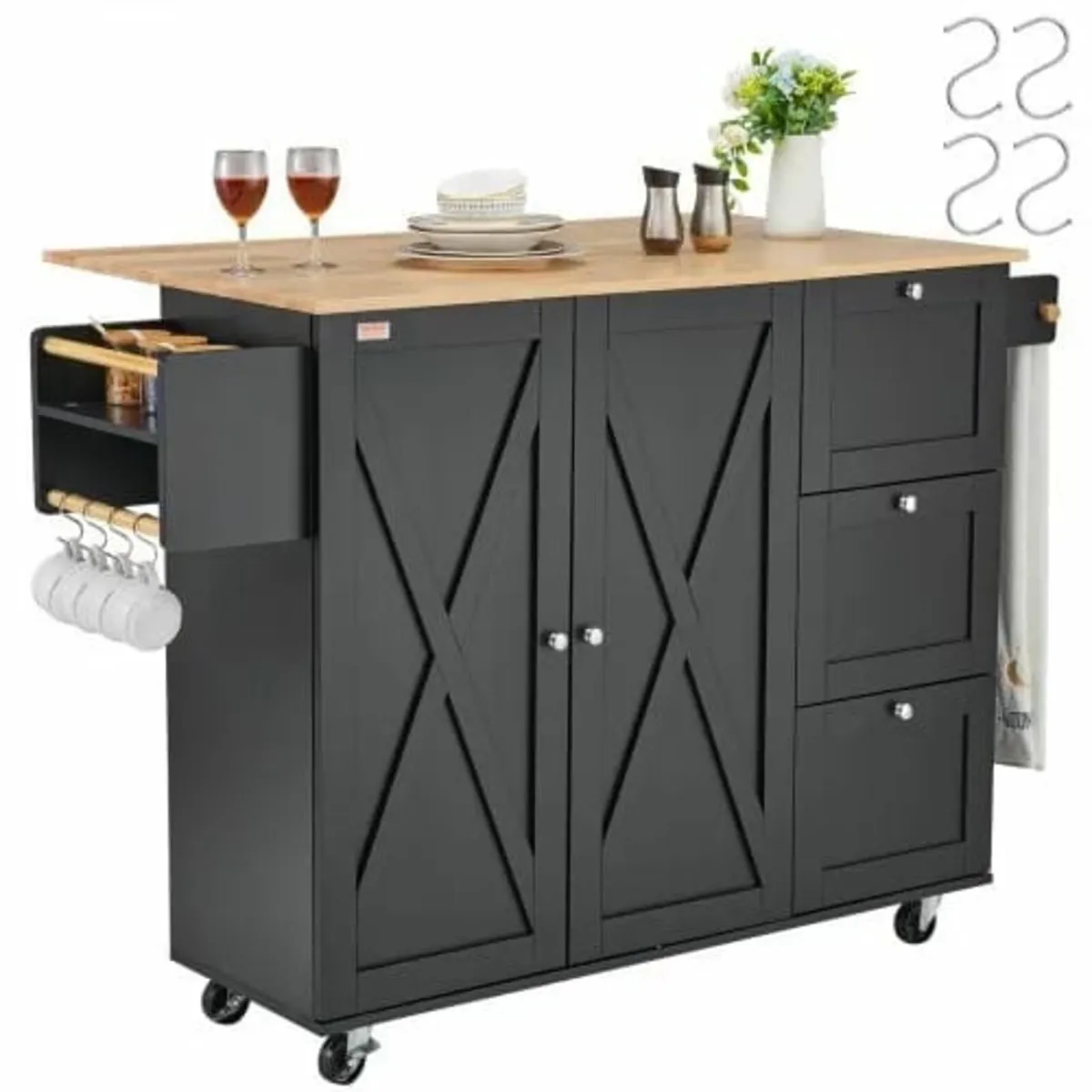Kitchen Island Cart, 56" Wood Top Mobile Carts wit - Image 1