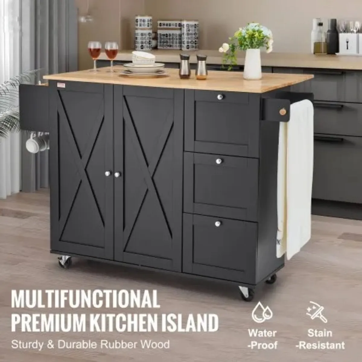 Kitchen Island Cart, 56" Wood Top Mobile Carts wit - Image 2