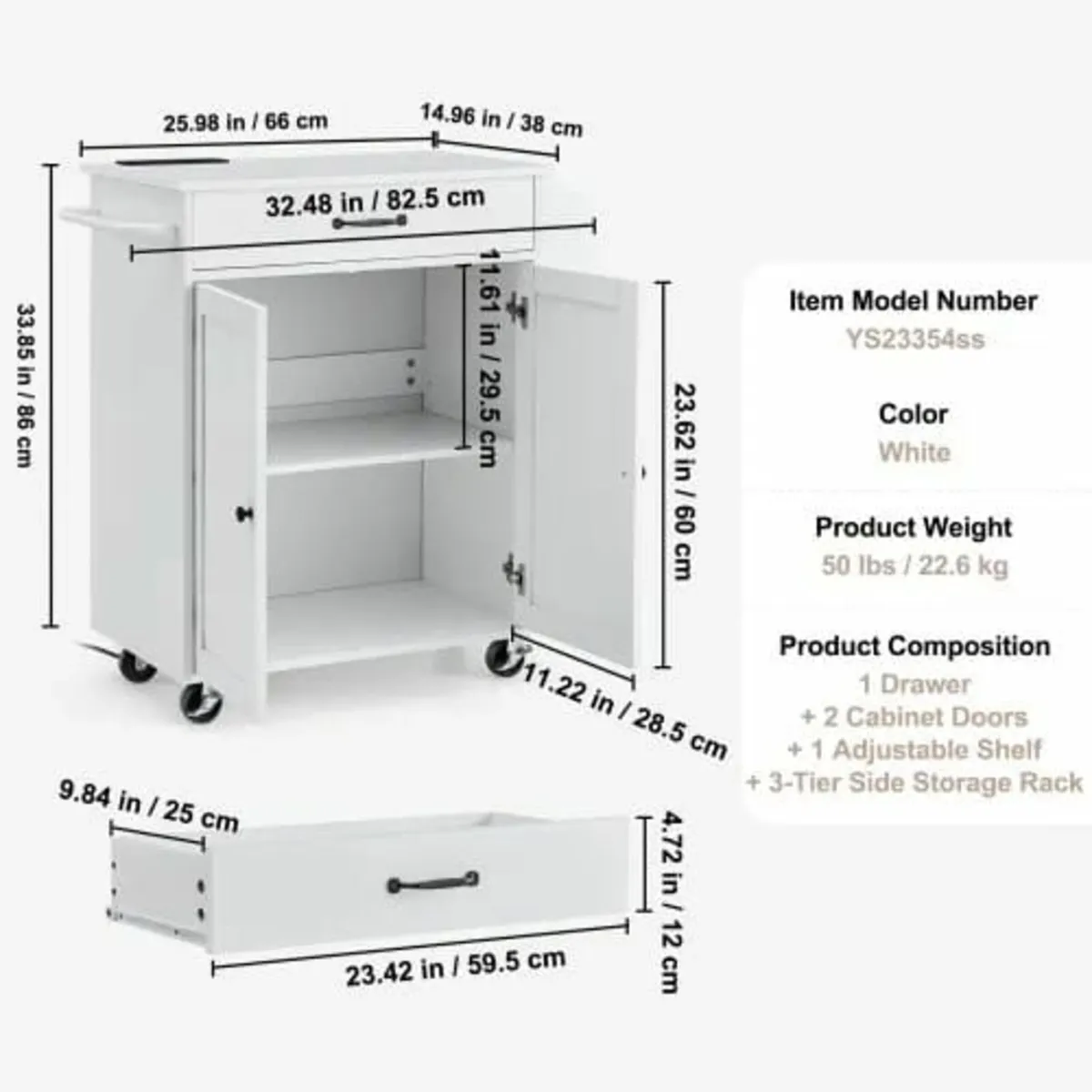 Kitchen Island Cart, 32" Mobile Carts with S - Image 4