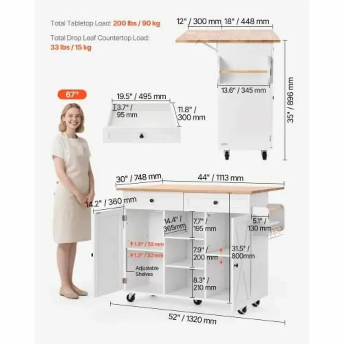 Kitchen Island Cart, with Solid Wood Top and Stora - Image 4