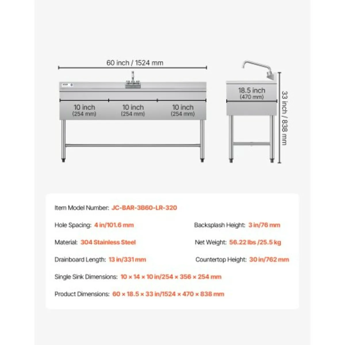 3 Compartment Sink, 18-Gauge 304 Stainless Steel, - Image 4