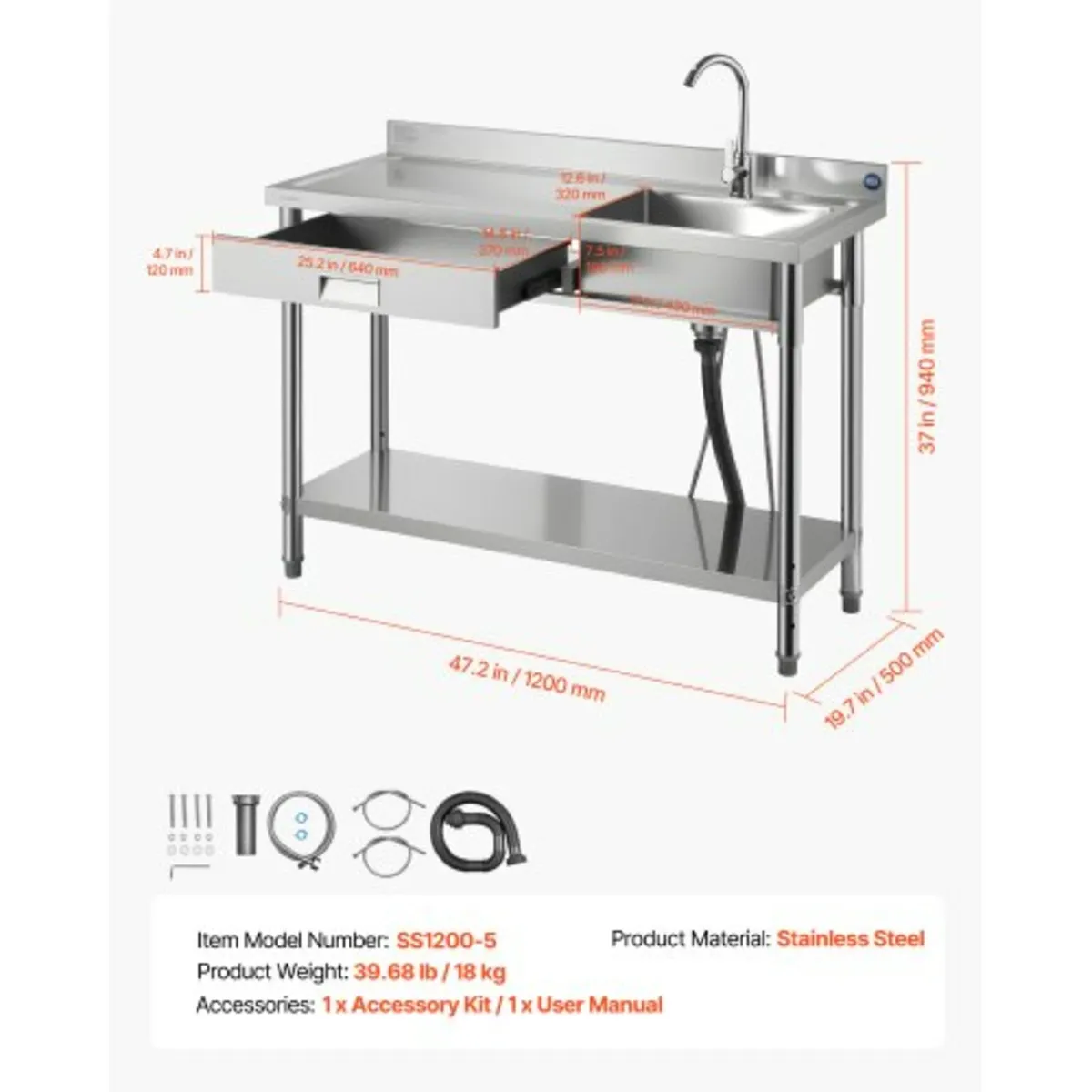 Stainless Steel Utility Sink, Rolling Single Bowl - Image 4
