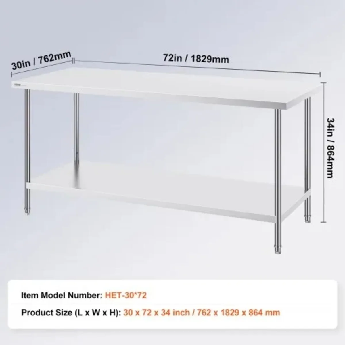 Stainless Steel Prep Table, 30 x 72 x 34 Inch, Hea - Image 3