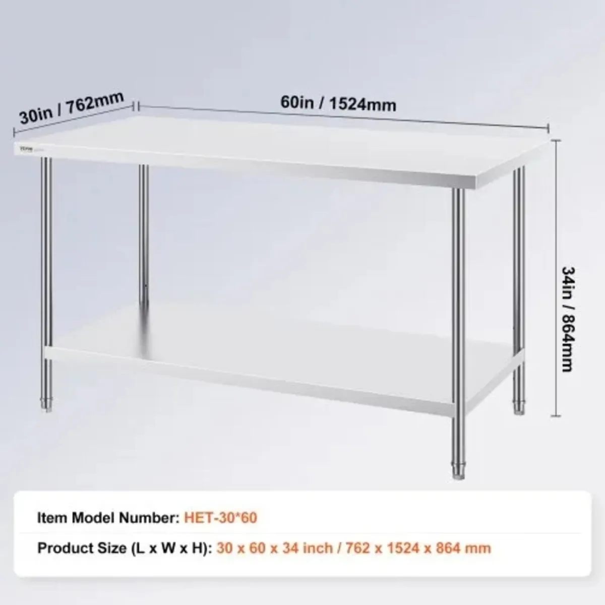 Stainless Steel Prep Table, 30 x 60 x 34 Inch, Hea - Image 3