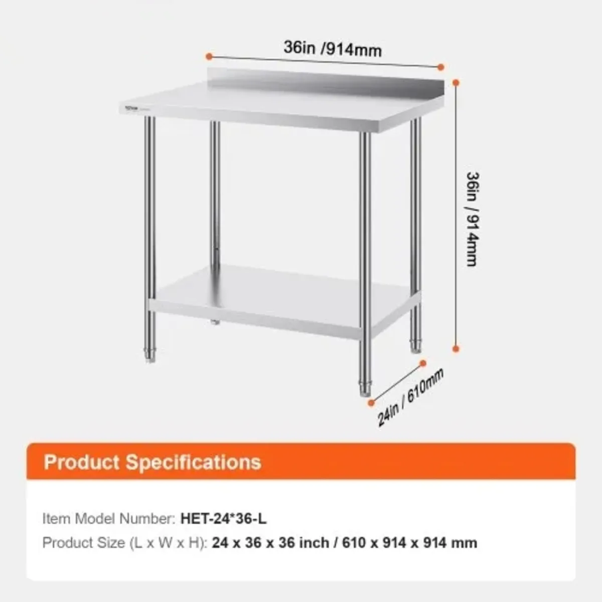 24 x 36 x 36 Inch Stainless Steel Work Table, Comm - Image 3