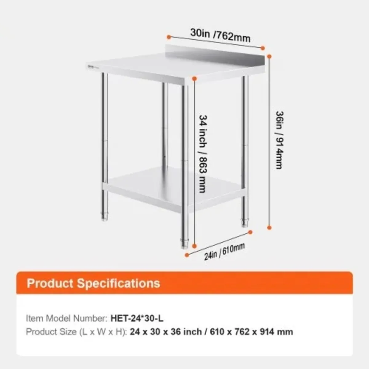24 x 30 x 36 Inch Stainless Steel Work Table, Comm - Image 4