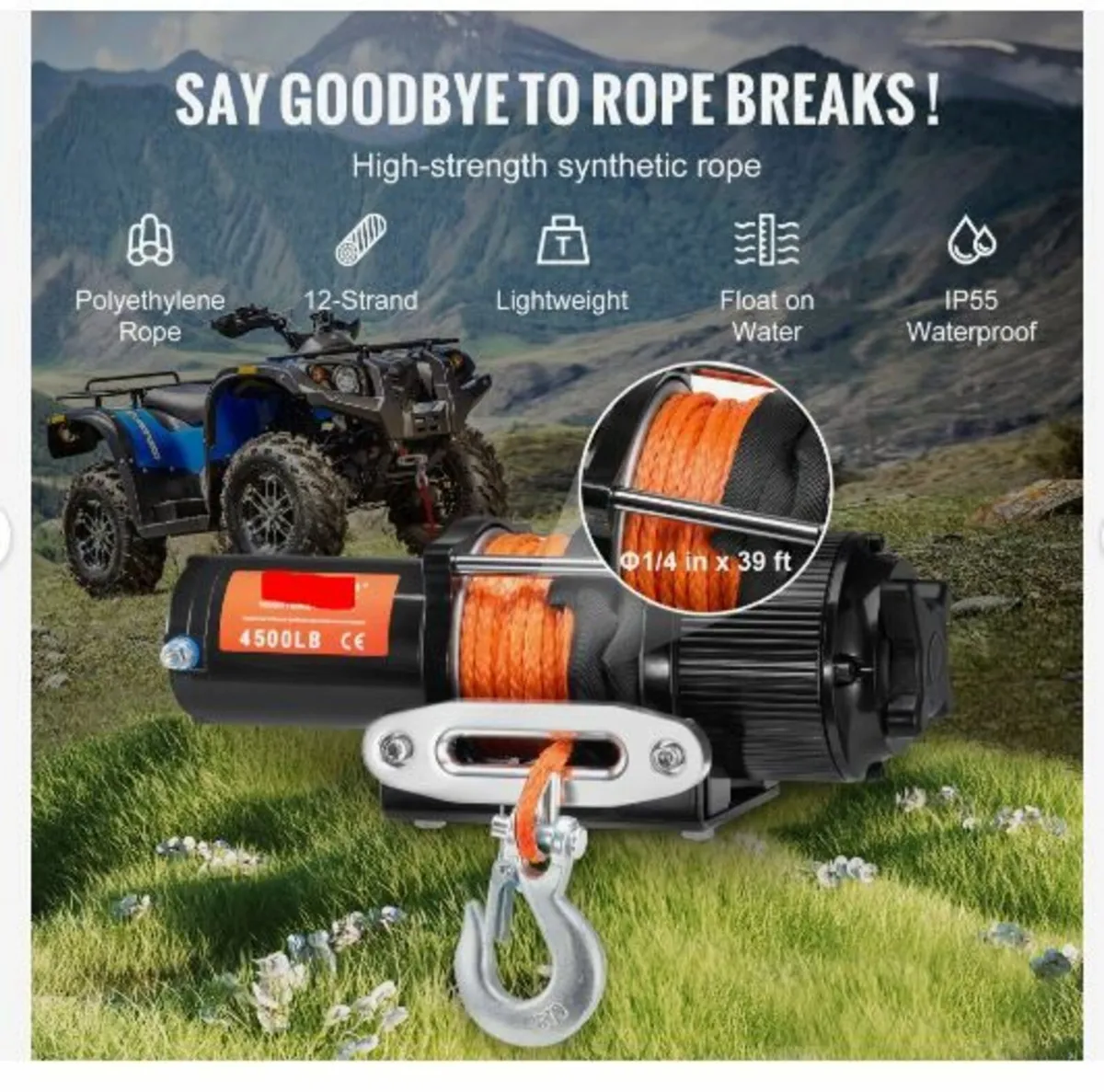 Electric Winch ATV UTV 2041.2 kg - Image 3