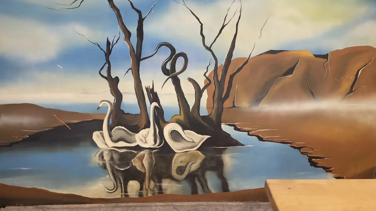 Vintage painting swans on lake reflecting elephant - Image 2
