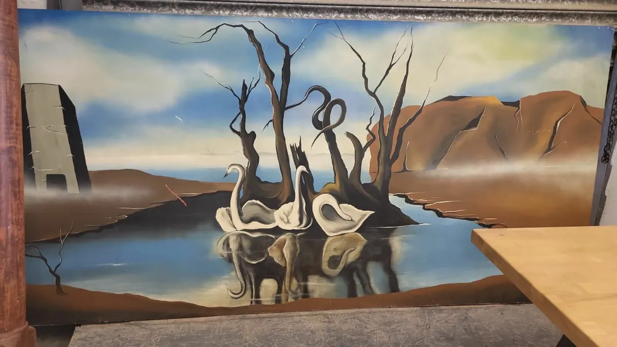 Vintage painting swans on lake reflecting elephant - Image 4