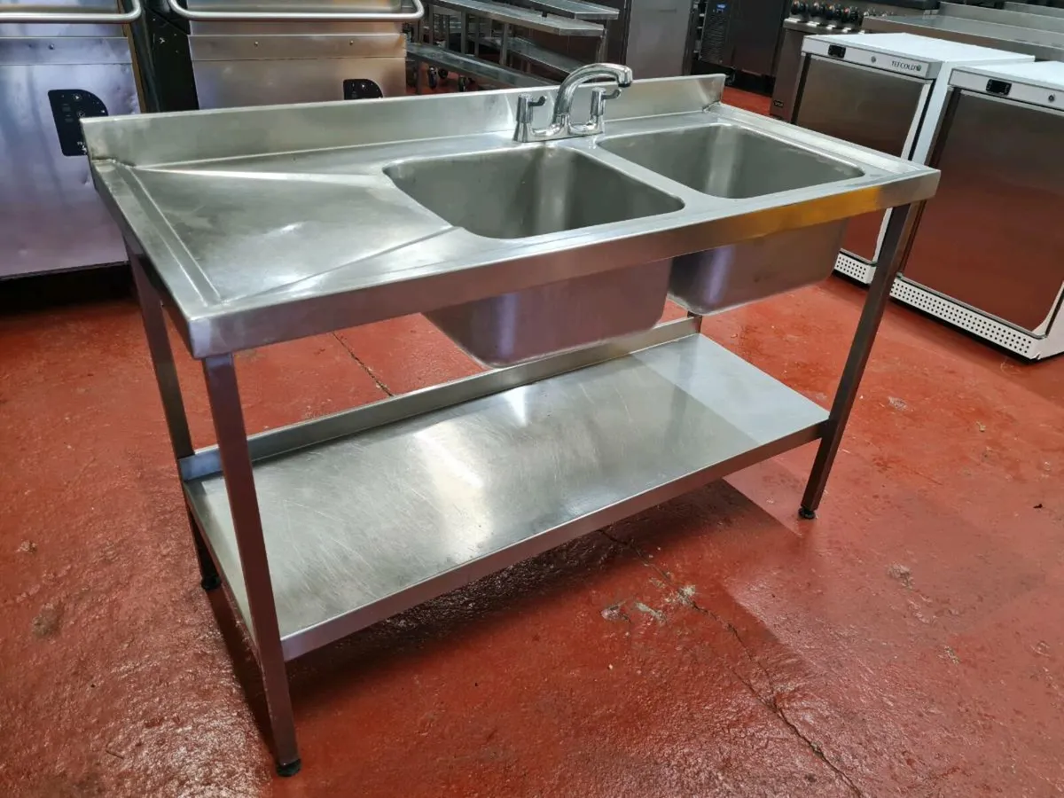 Stainless Steel Double Sink, tables and shelves - Image 1