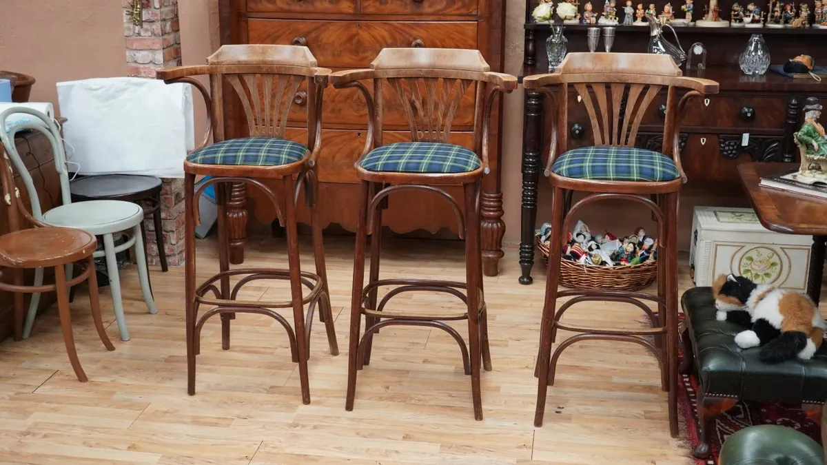 Set of 3 Vintage Bentwood Bar Stools - Image 1