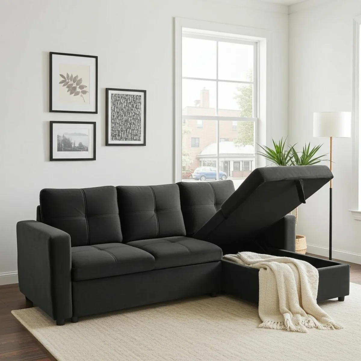 Black velvet Corner Sofa Bed Storage, 215cm - Image 3