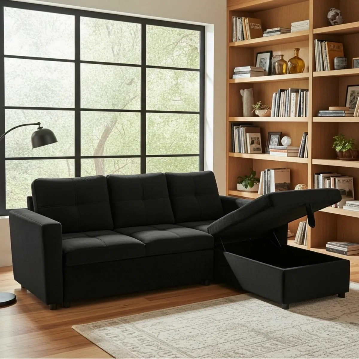 Black velvet Corner Sofa Bed Storage, 215cm - Image 2