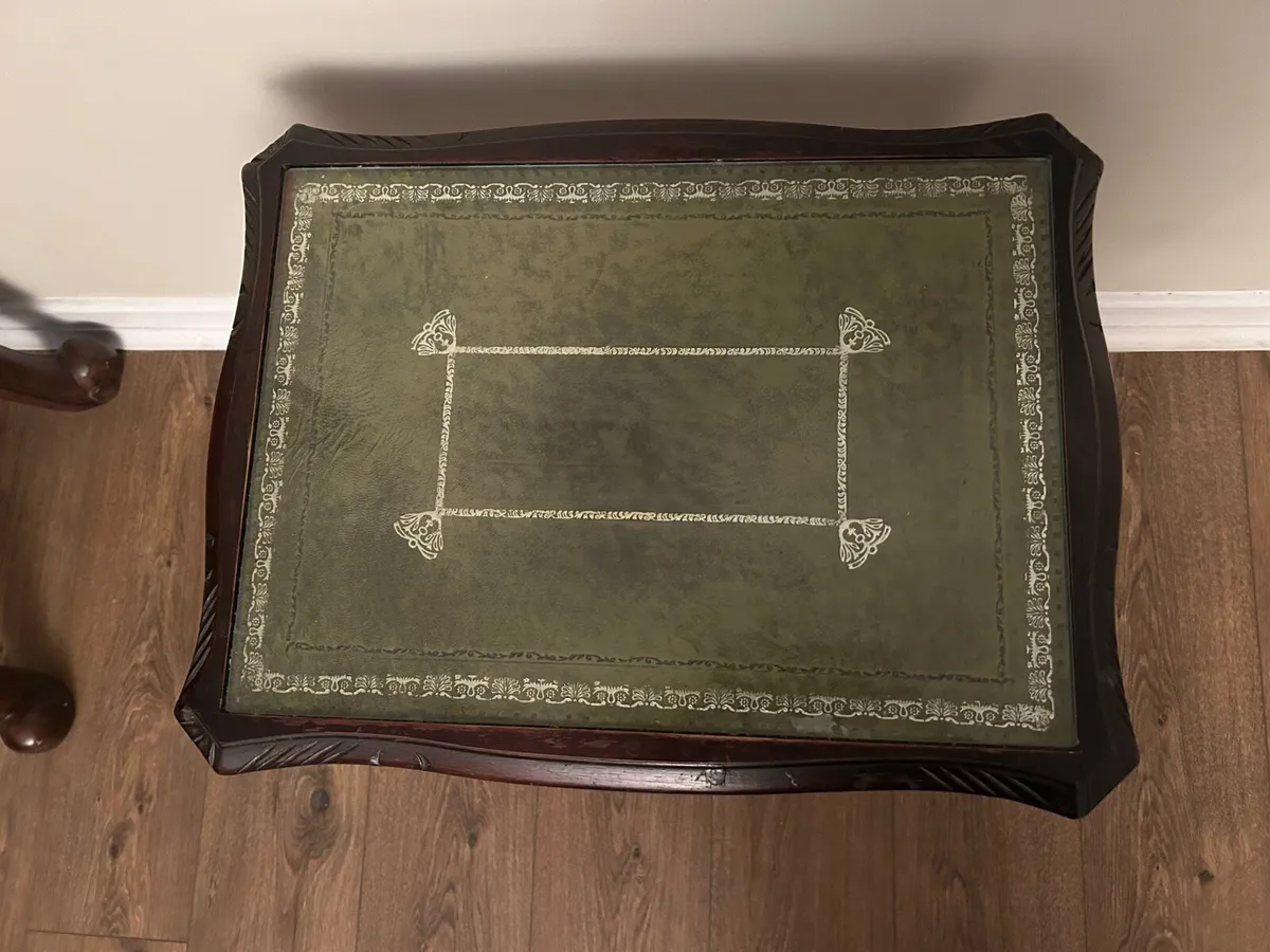 Antique Inlay Hall Table with Glass Topped Leather - Image 3