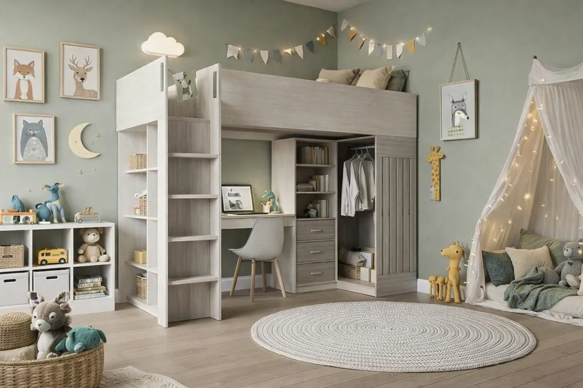 High Sleeper beds with desks and hanging clothes