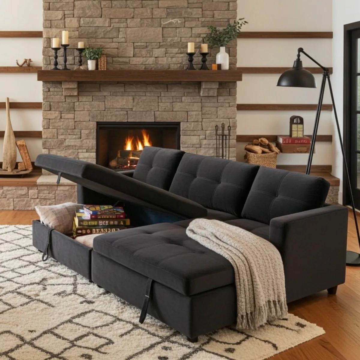 Black velvet Corner Sofa Bed Storage, 215cm - Image 2