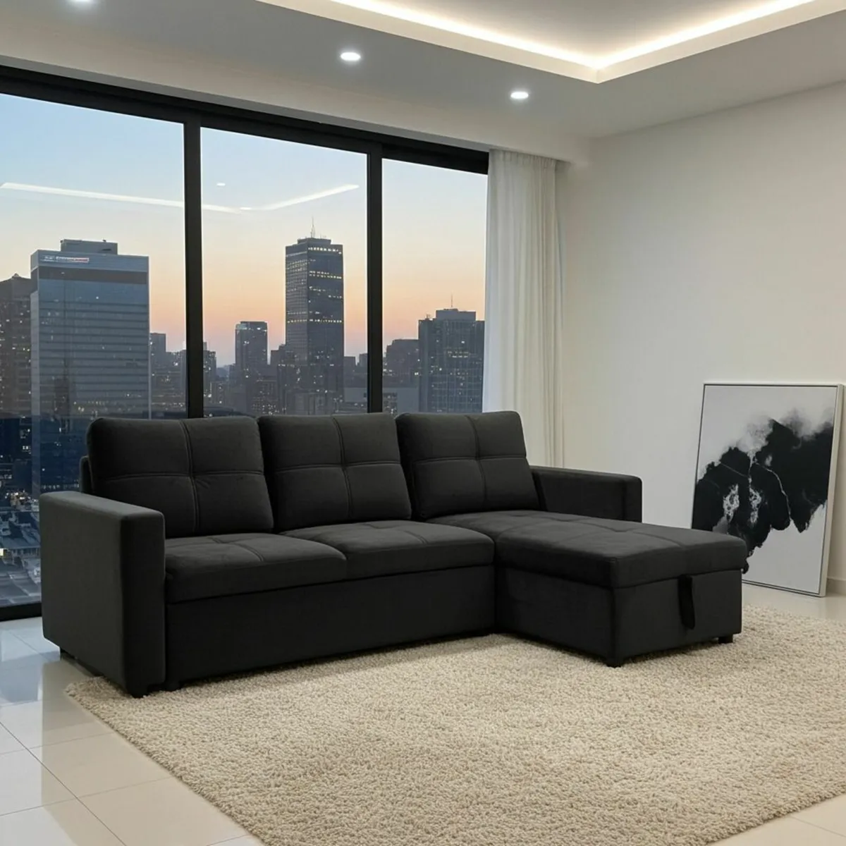 Black velvet Corner Sofa Bed Storage, 215cm - Image 3