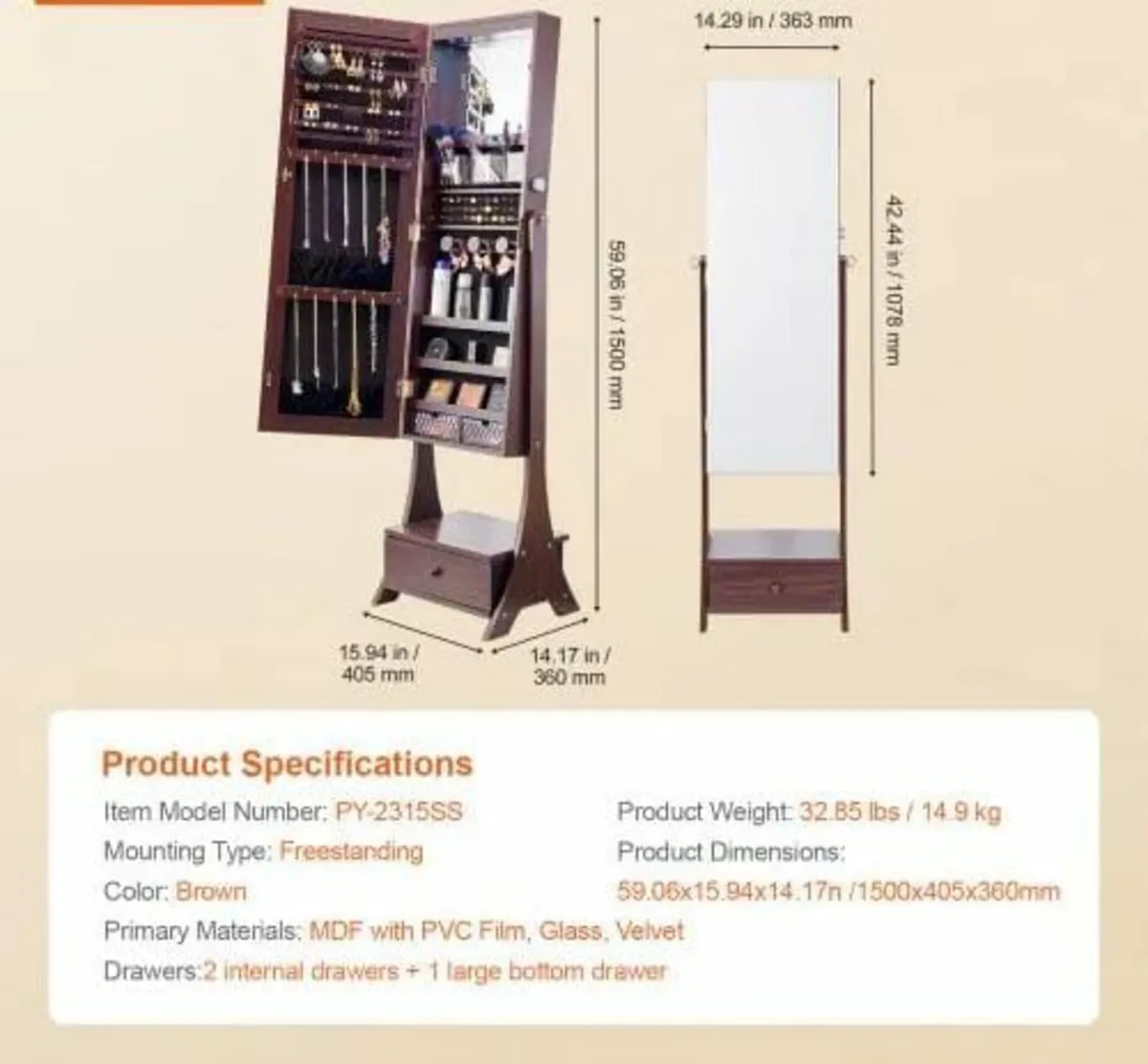 Mirror Jewelry Cabinet, Standing Mirror with Stora - Image 4