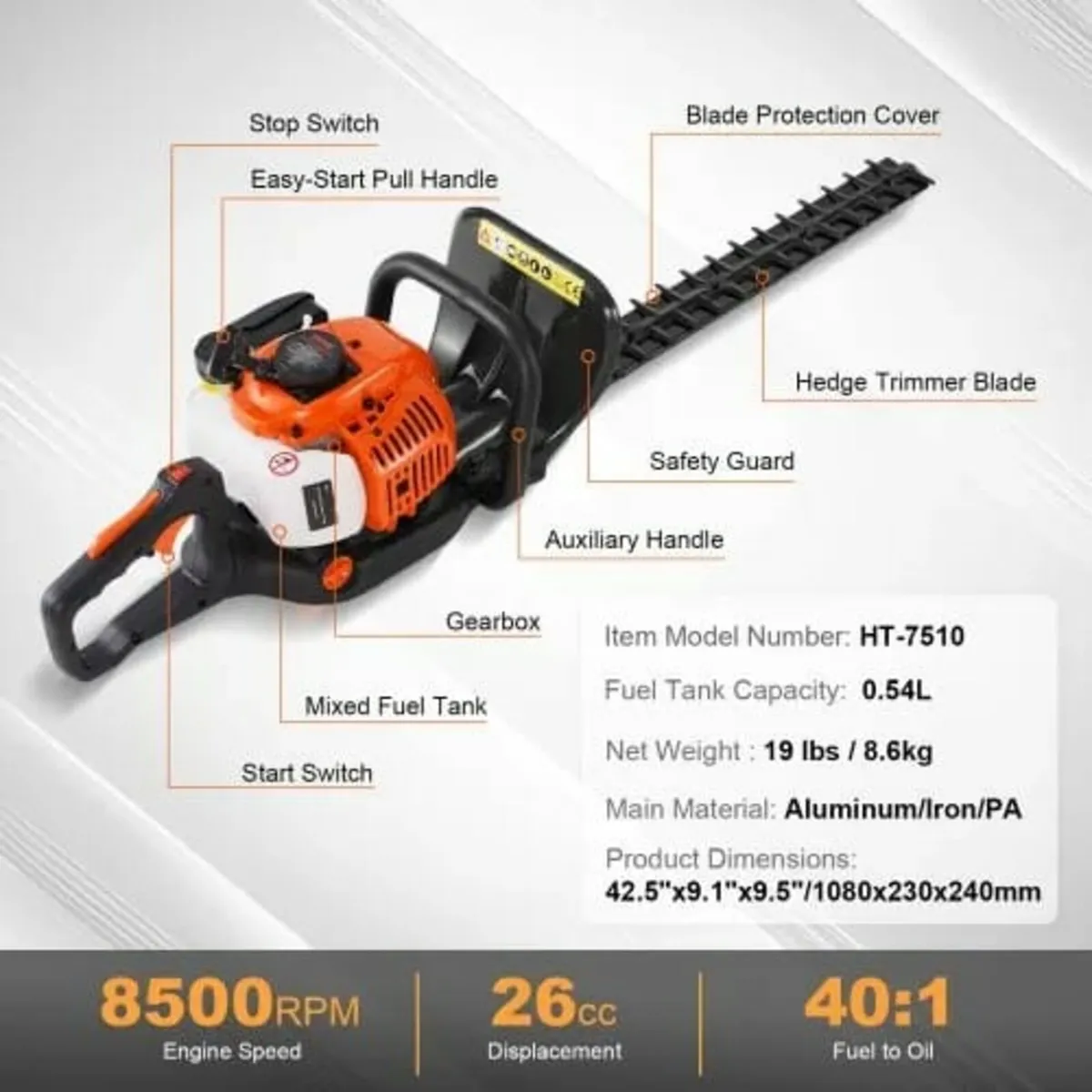 23.2-inch 26CC 2 Cycle Gas Hedge Trimmer, Gas Powe - Image 3