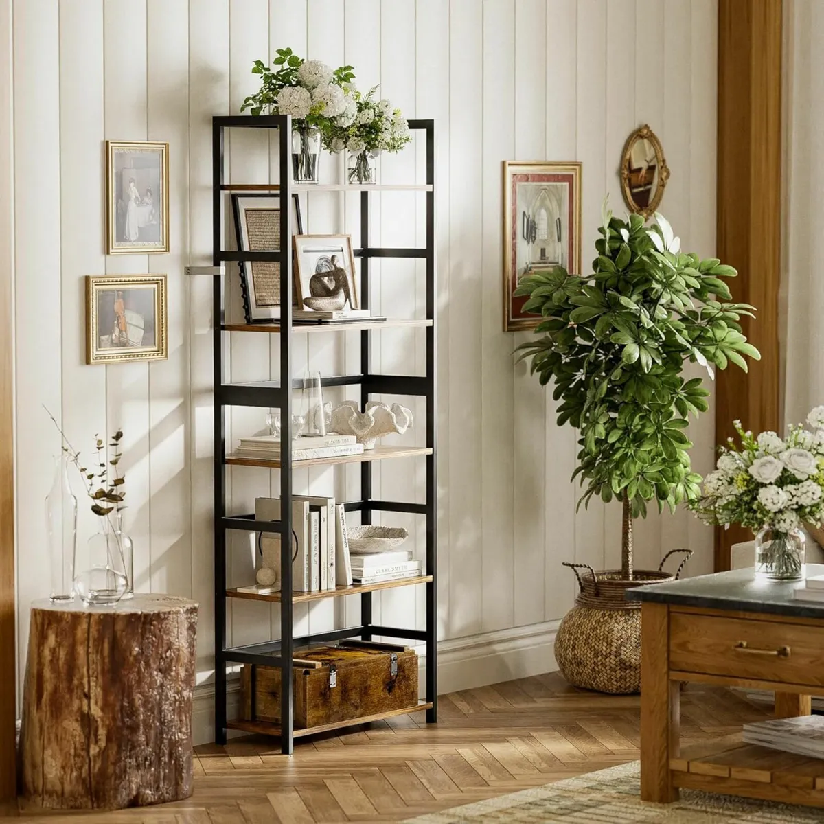 5-Tier Bookshelf Industrial Bookcase with Bamboo - Image 2