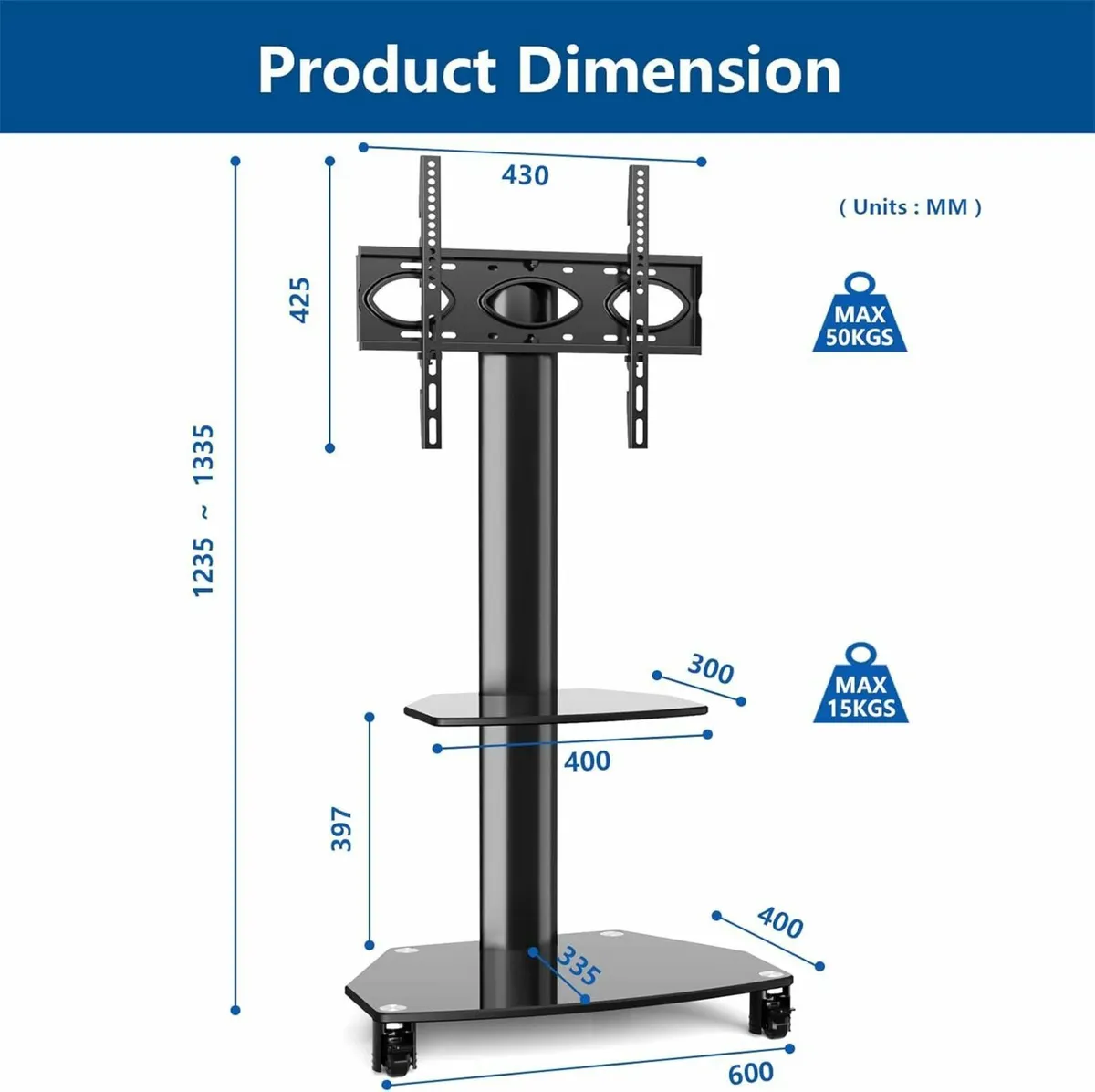 Swivel TV Stand on Wheels for 27- 65 Height - Image 3