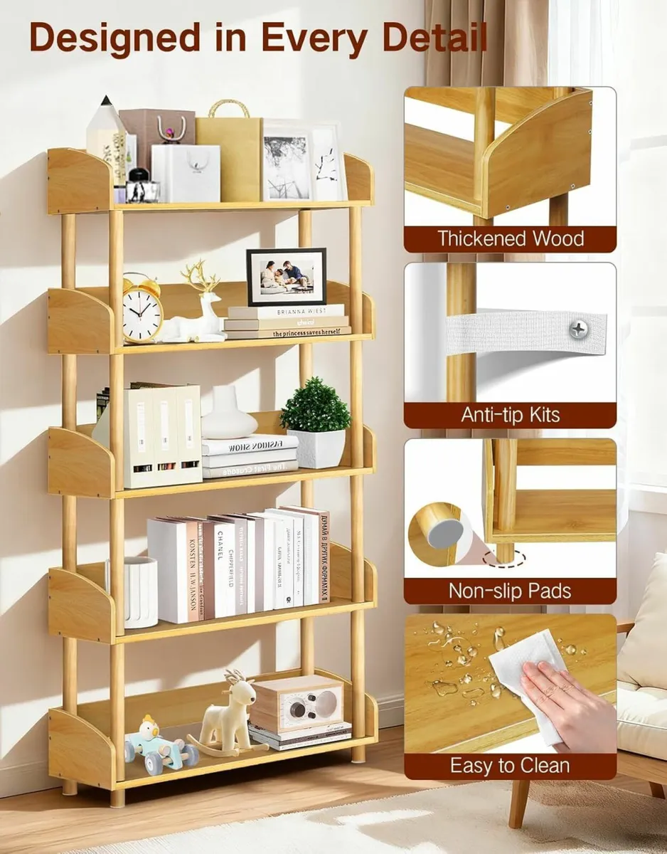 5-Tier Wooden Open Bookcase Modern Display - Image 4