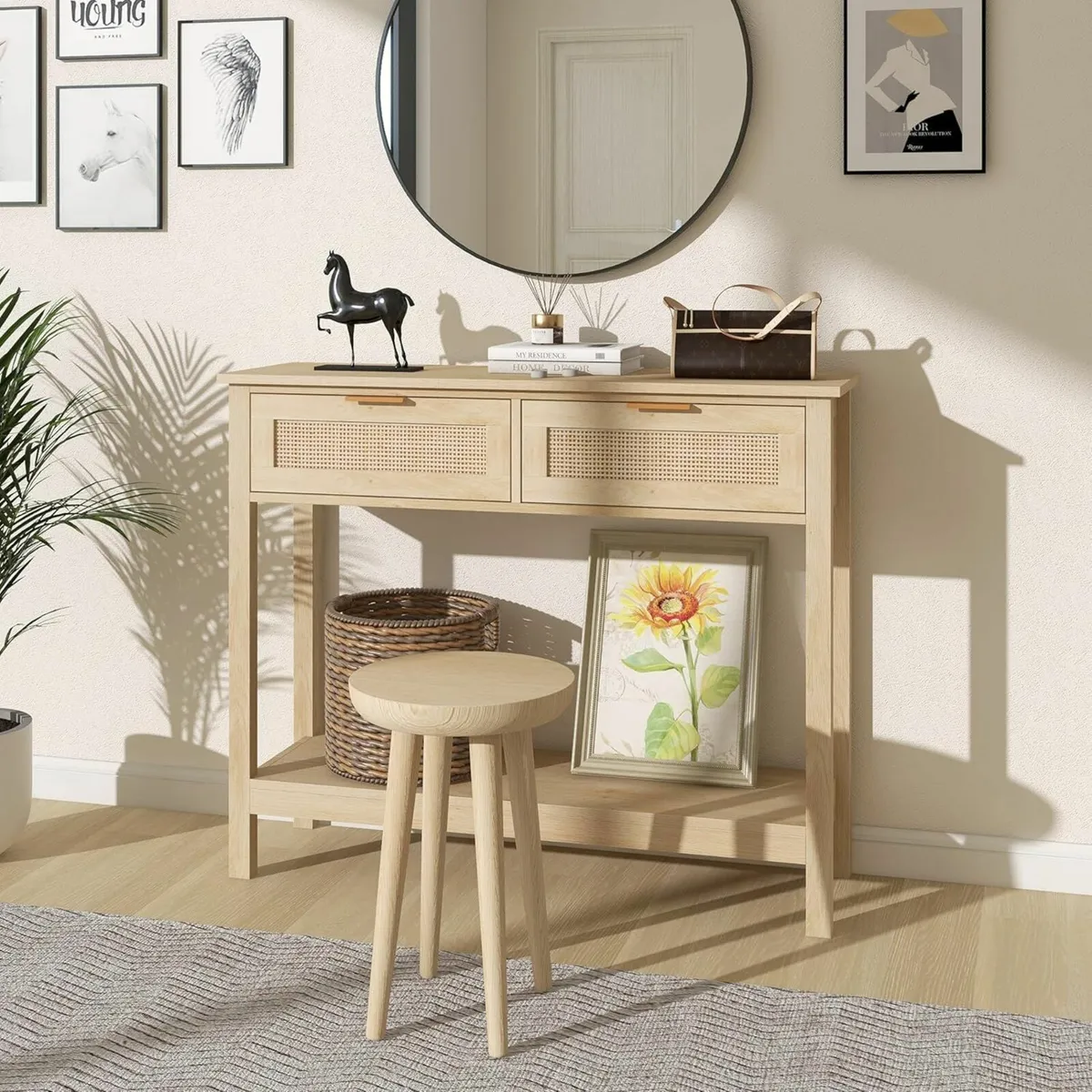 Boho Rattan Console Table with 2 Drawers Tier - Image 2