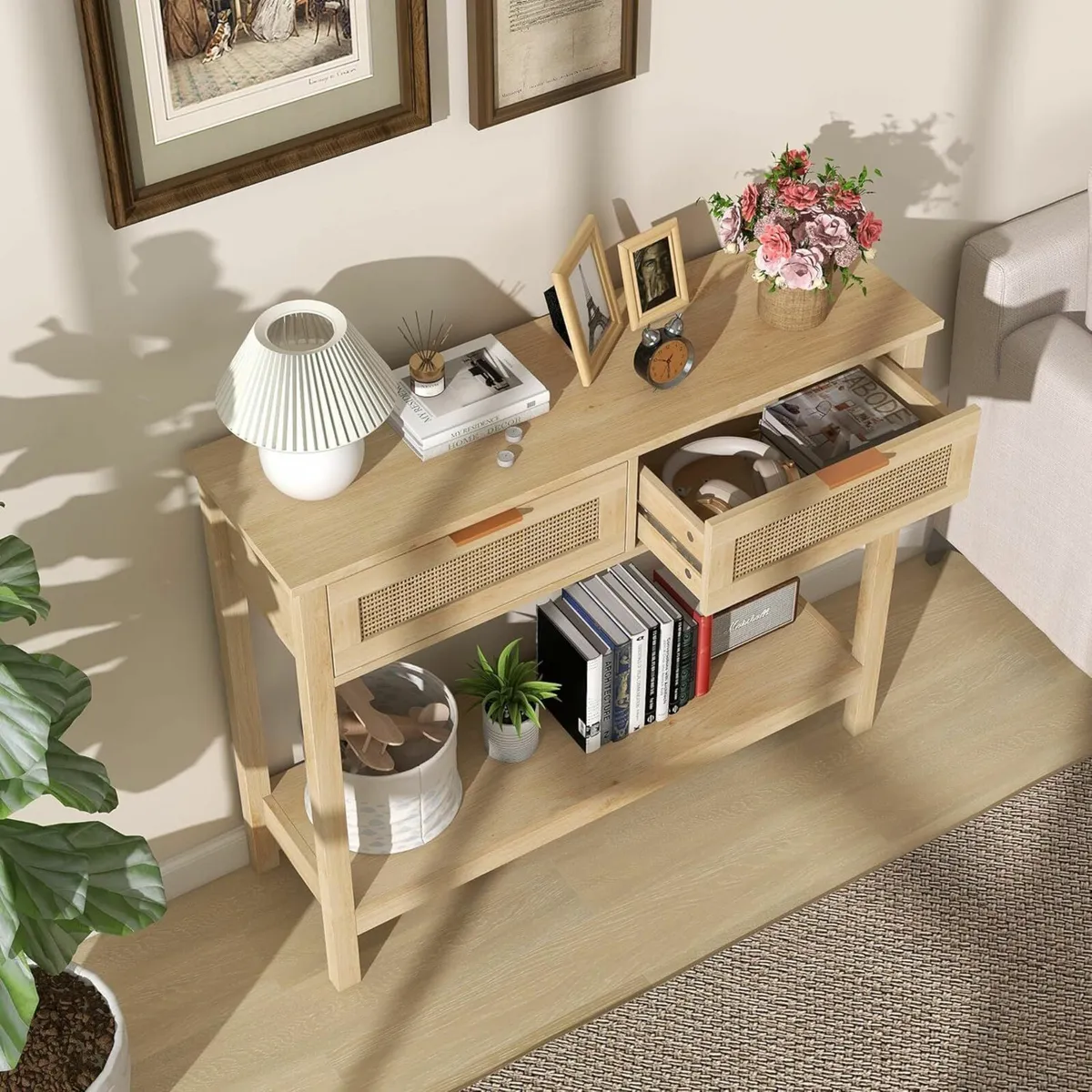Boho Rattan Console Table with 2 Drawers Tier - Image 4