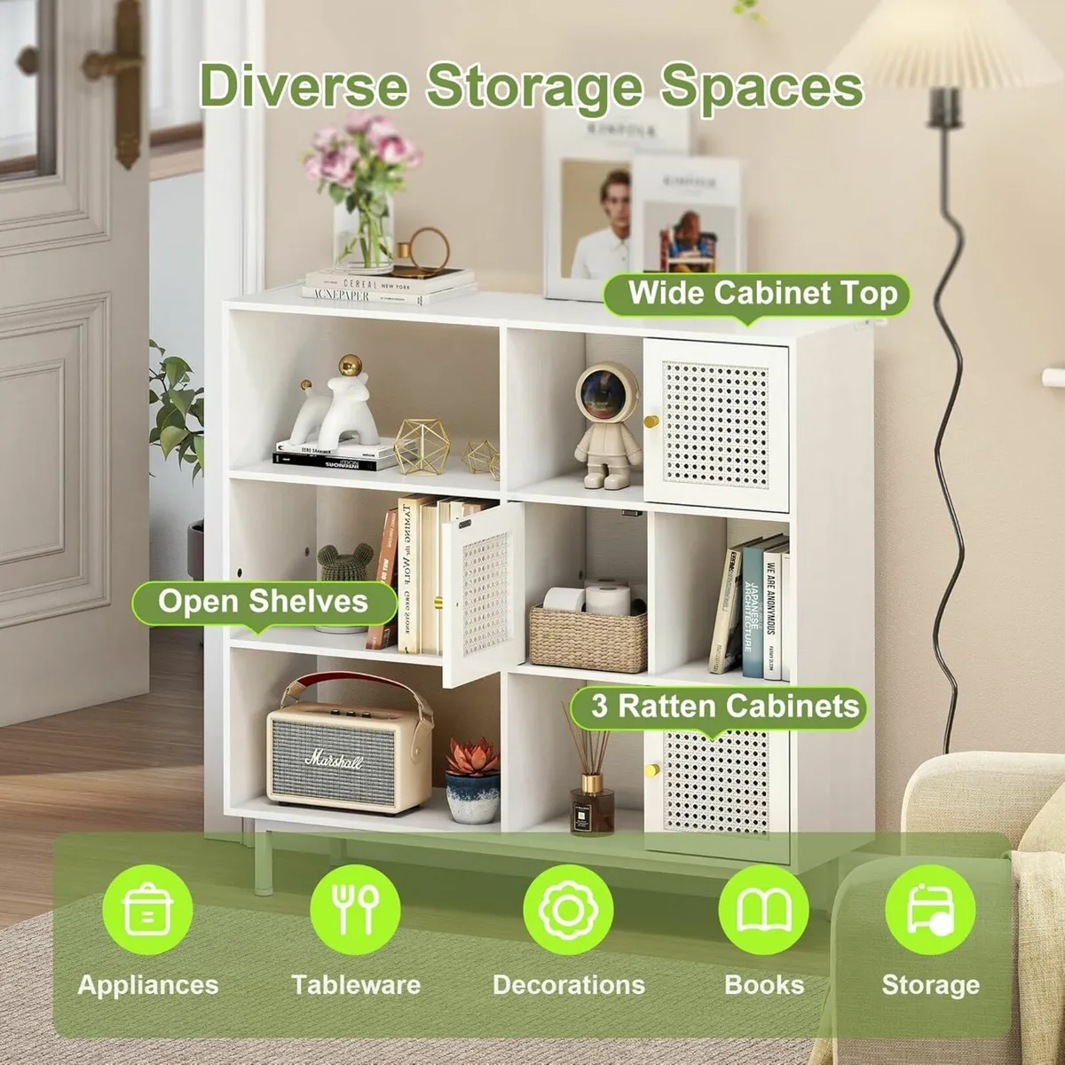 Rattan Bookcase Storage Sideboard Cabinet with - Image 4