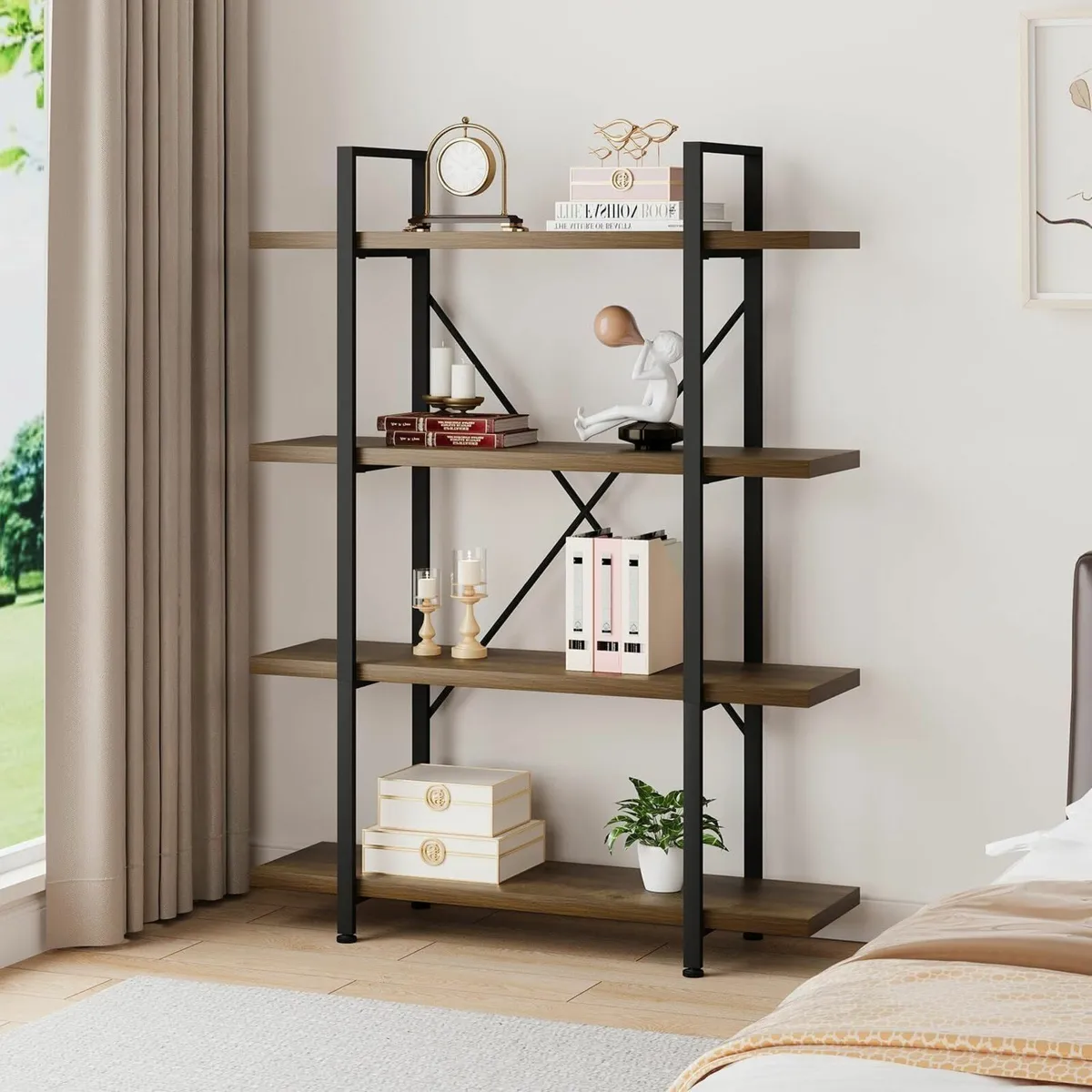 Industrial 4 Tier BookShelf Modern Metal and Wood - Image 3