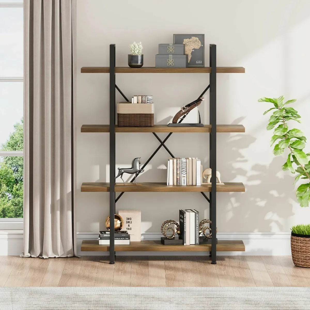 Industrial 4 Tier BookShelf Modern Metal and Wood - Image 4